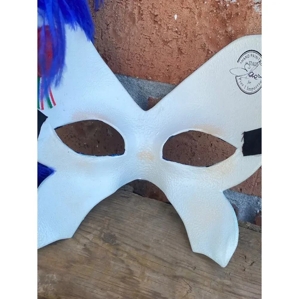 Pier 1 Mask Maschera Del Galeone Italy Hand-Painted Masquerade Blue Feathers
